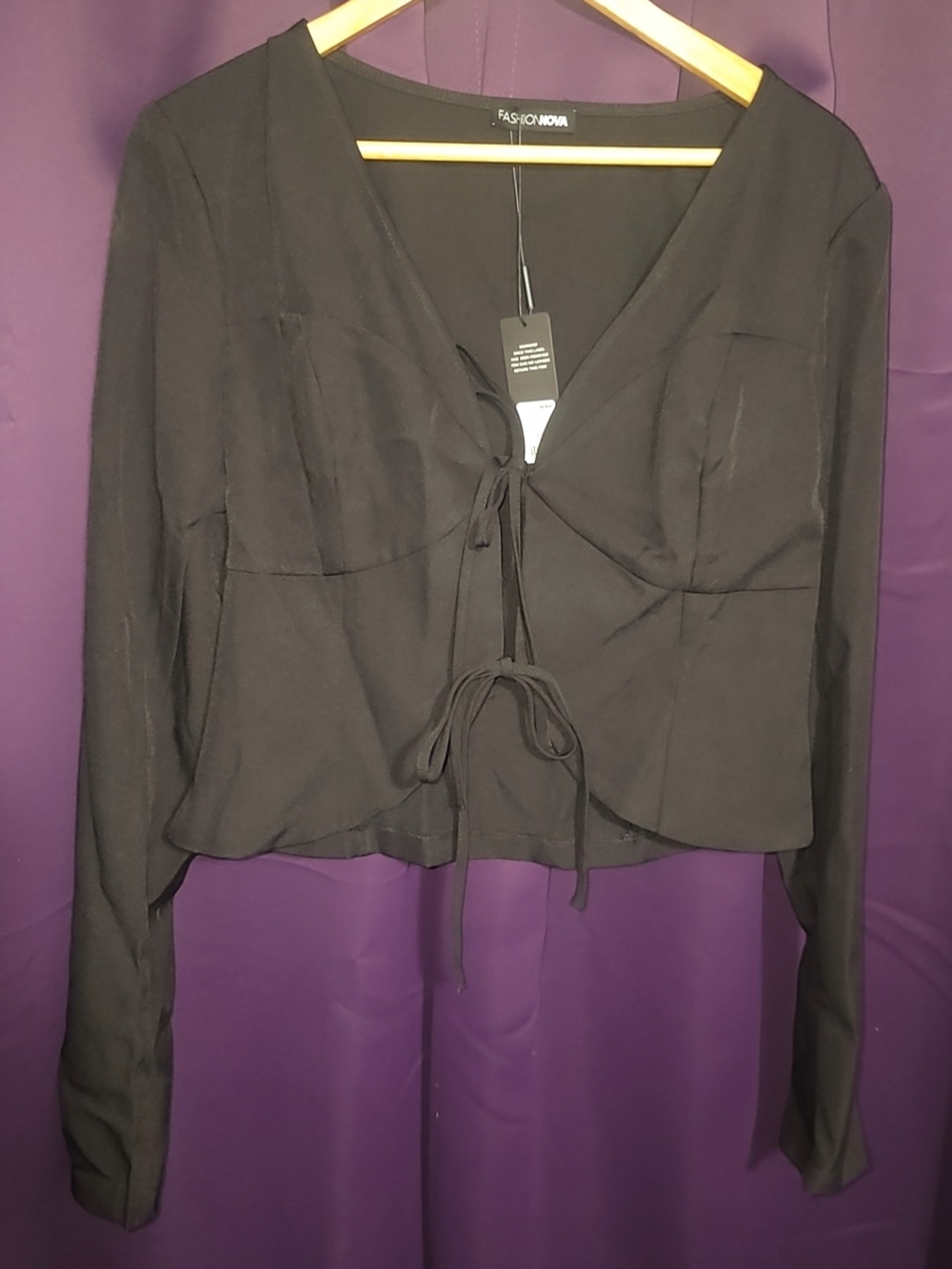 Fashion Nova Black Tie-Front Long Sleeve Top